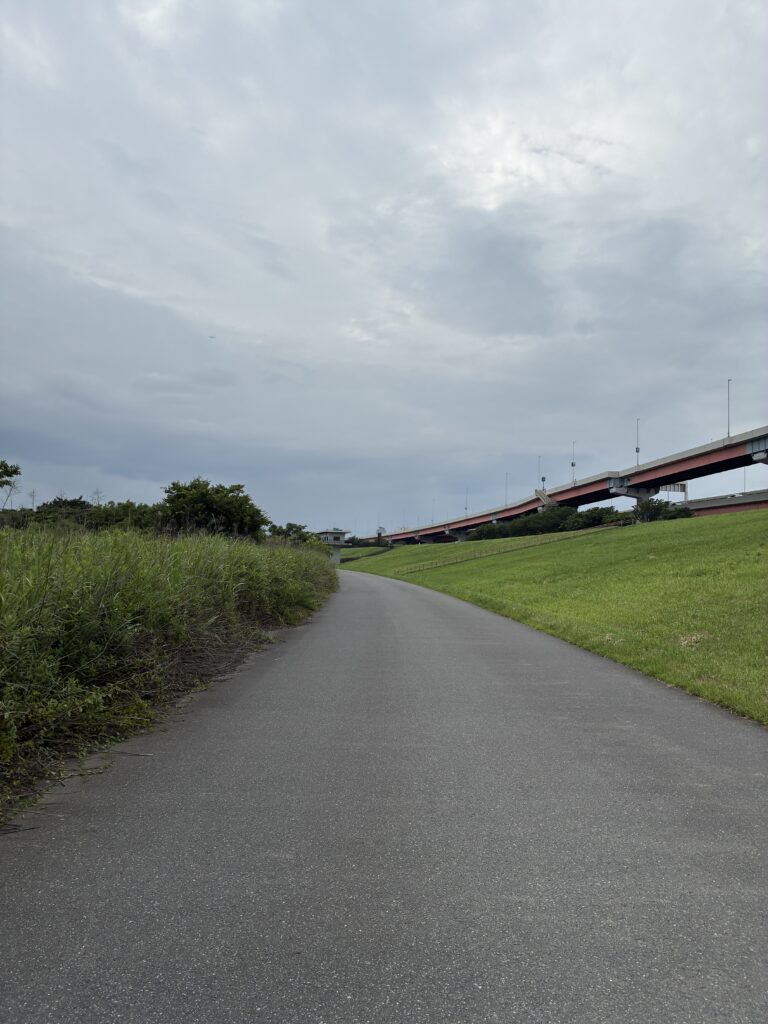 高速道路が見える土手沿いの道